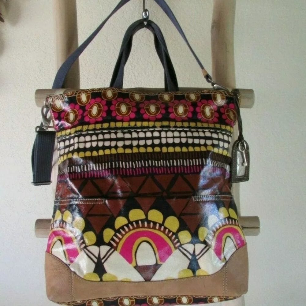 FOSSIL COATED CANVAS & LEATHER TOTE / X-BODY BAG